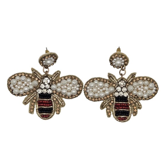 Bee Earrings Pearl Beads, Topaz and Clear Rhinestones Red Black Beads, Soft Body - Picture 2 of 4